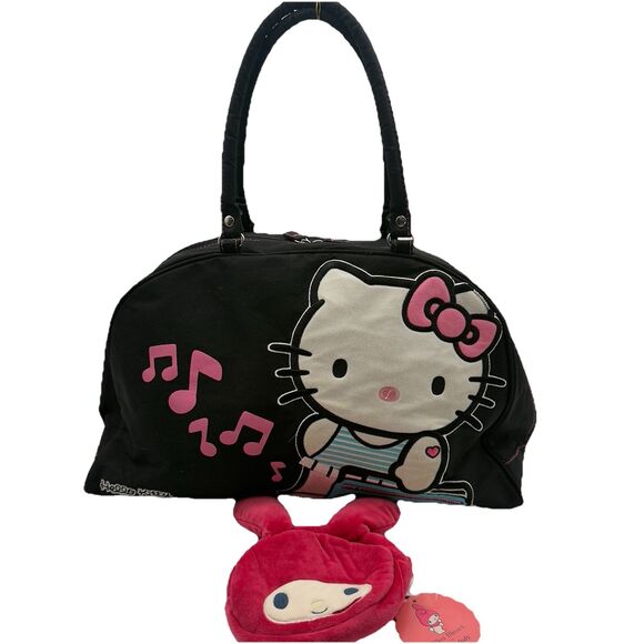 Hello Kitty Sanrio Y2K Vintage Black Nylon Boston Bag & Sanrio My Melody Plush - Picture 1 of 16
